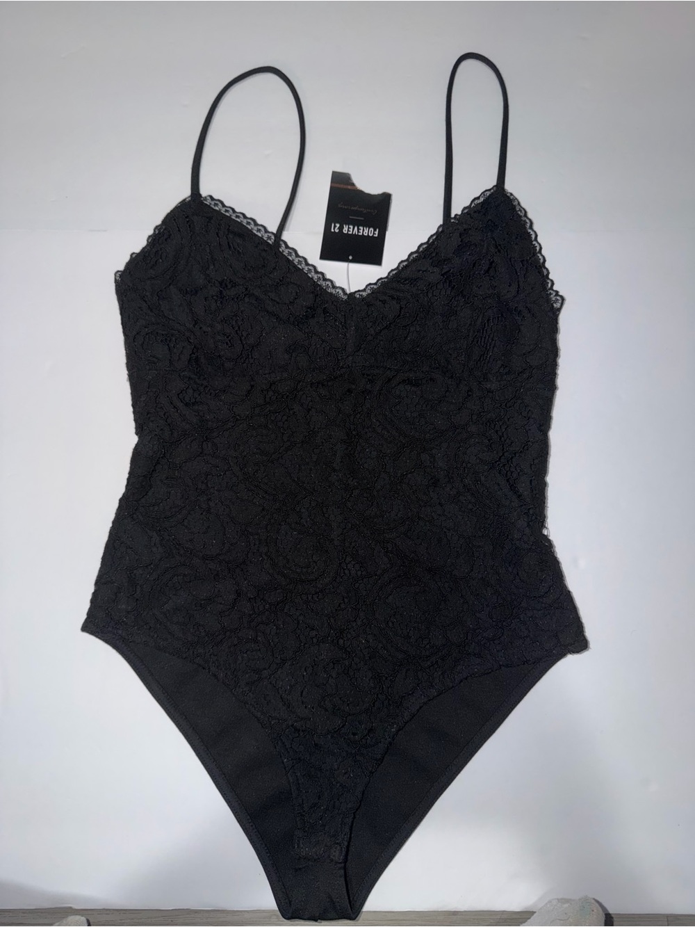 Forever 21 Black Lace Bodysuit with V-Neck and Spaghetti Straps